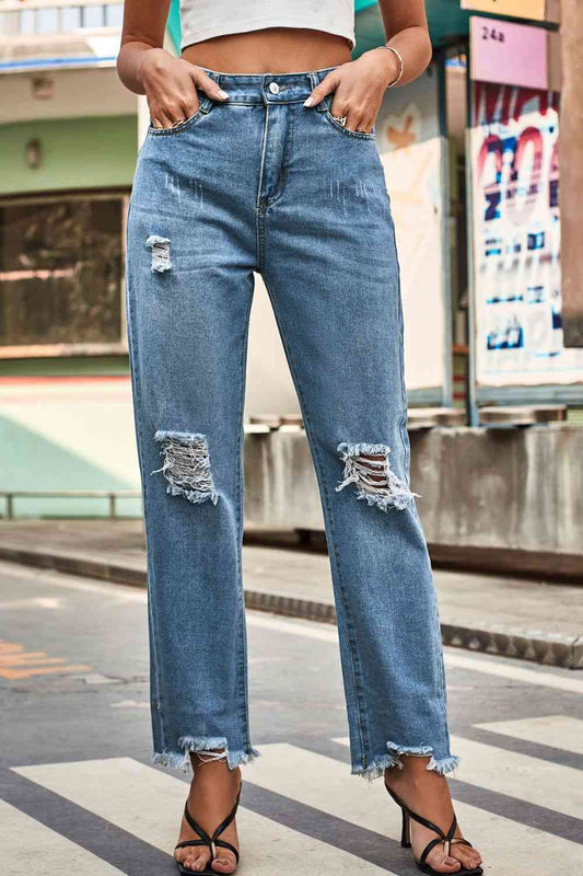 Downtown Chic Buttoned Distressed Denim