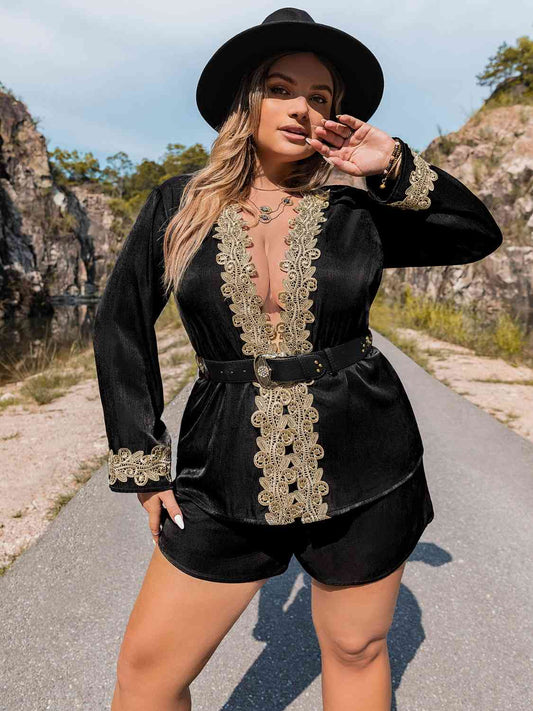 Curvy Midnight Lace Western Chic Top and Shorts Set