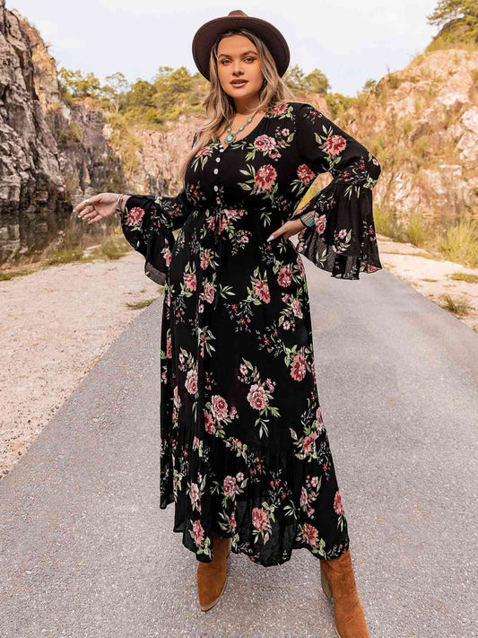 Curvy Blossom Breeze Floral Flare Sleeve Dress